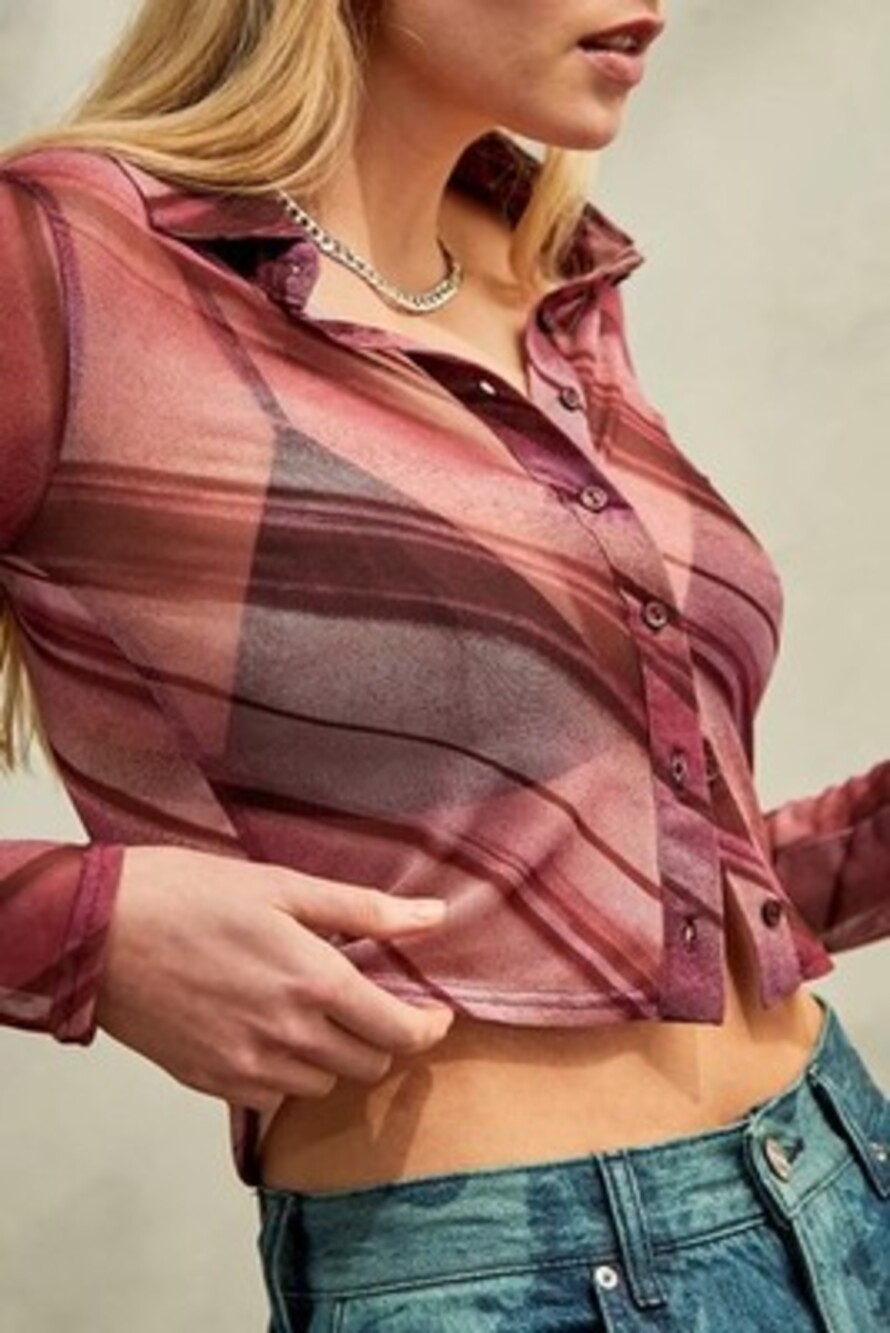 Urban Outfitters Women's Mesh Long Sleeve Button Down Blouse Shirt Vibrant